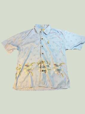 Coconut Pier Men's Blue Hawaiian Tropical Floral Button Down Shirt Size M